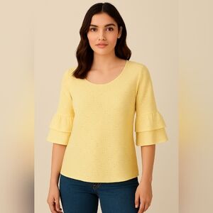 Chico's Soft Yellow Eyelet Blouse Lemon Chiffon Eyelet Scoop Neck 3/4 Ruffle